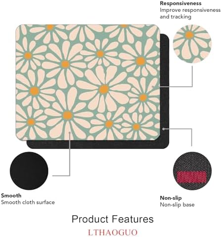 Green Daisy Flower Mouse Pad Mat Cute, Premium-Textured Washable Boho Retro Aesthetic Mousepad with Non-Slip Rubber Base Floral Modern Art Mice Pad for Computer Home Office Decor, Abstract - Image 3