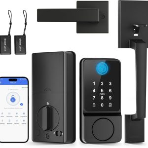 Keyless Entry Door Lock with Handle, APP Control Smart Front Lock Set, Keypad Door Lock with Handle, Keypad Deadbolt Auto Lock, Easy to Install, Bluetooth, Black